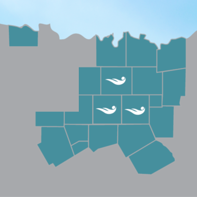 FY24 Square Posts Map of 20 North Texas Counties that Recovery Resource Council serves with markers on Dallas, Tarrant, and Denton counties to indicate office locations